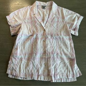 Eddie Bauer Pink Beige Green Pastel Plaid Short Sleeve Button Down S